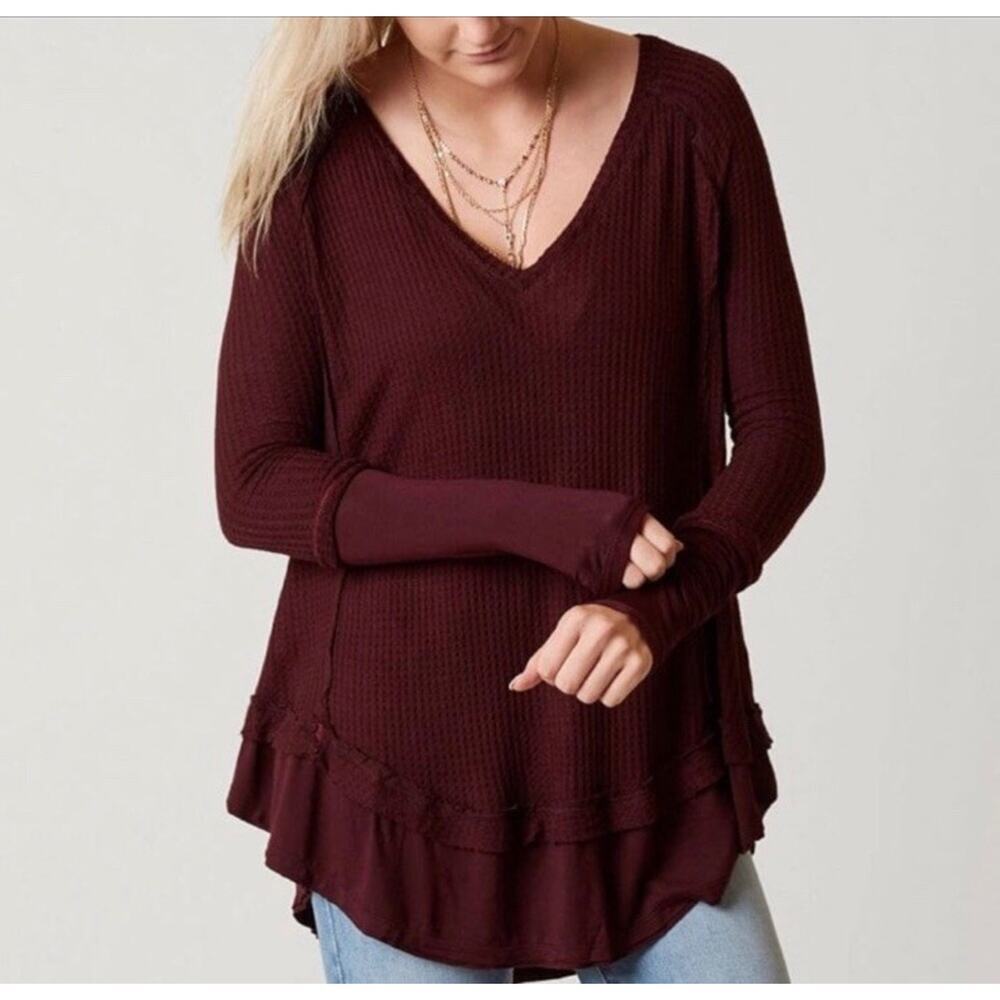 We The Free People Laguna Waffle Knit Top Burgundy Red‎ Long Sleeves Size Medium